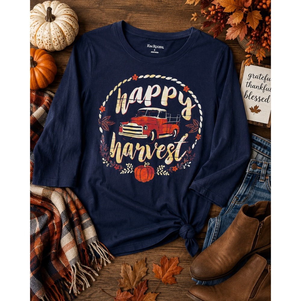 Kim Rogers Happy Harvest Pumpkin Truck Tee Size S Navy Blue 3/4 Sleeve Top